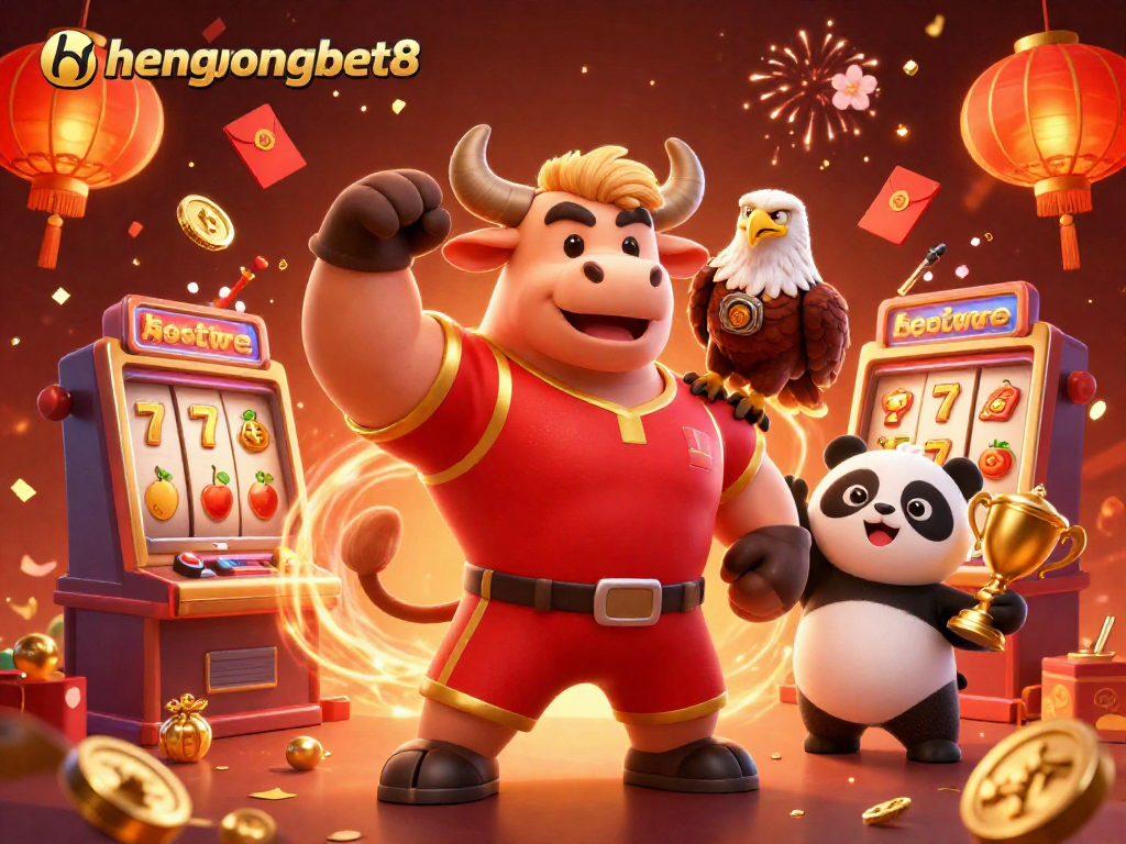 Engaging illustration featuring hengongbet8 with a bull mascot, eagle, and panda celebrating casino wins.