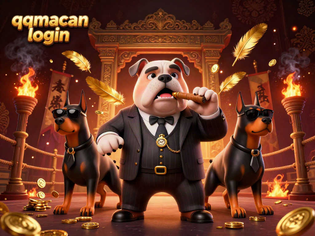 Access qqmacan login with a vibrant 3D digital illustration of a mafia boss and bodyguards amidst casino elements.