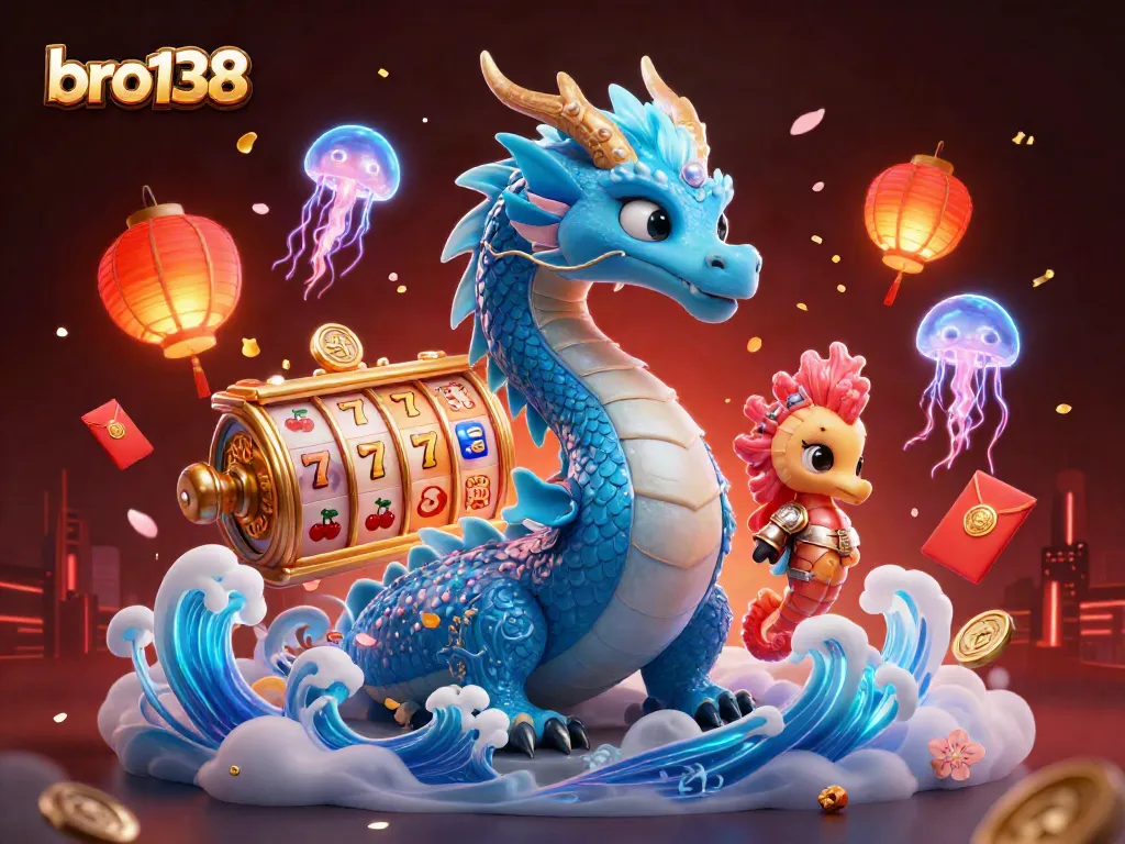 Spin to win at bro138 with vibrant slot reels, a mythical water dragon, and dazzling underwater elements.
