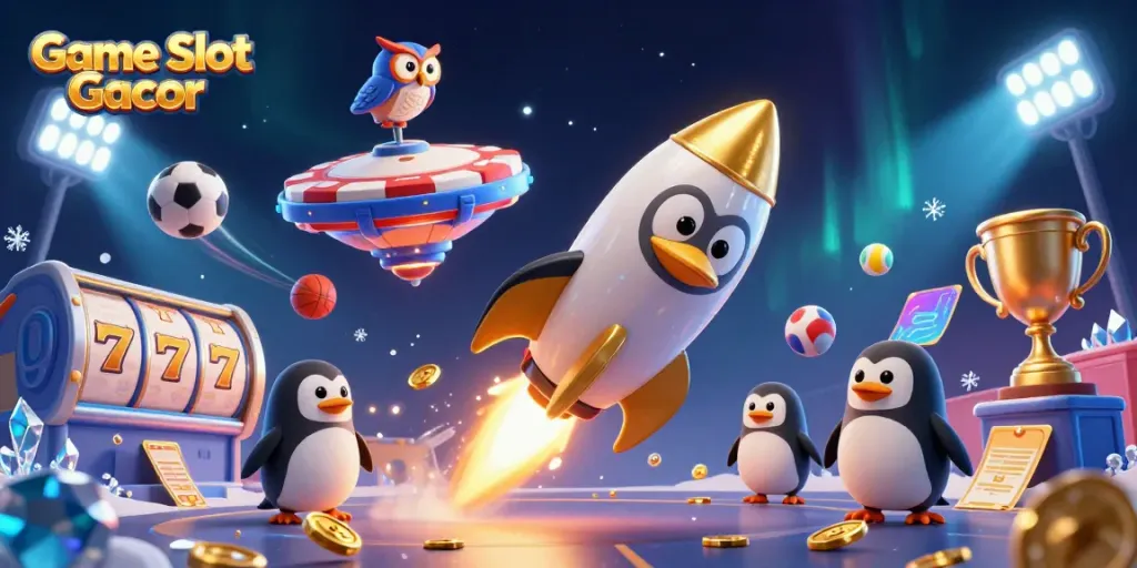 Gambarkan keberuntungan Game Slot Gacor dengan penguin emas dan kasino luar angkasa.