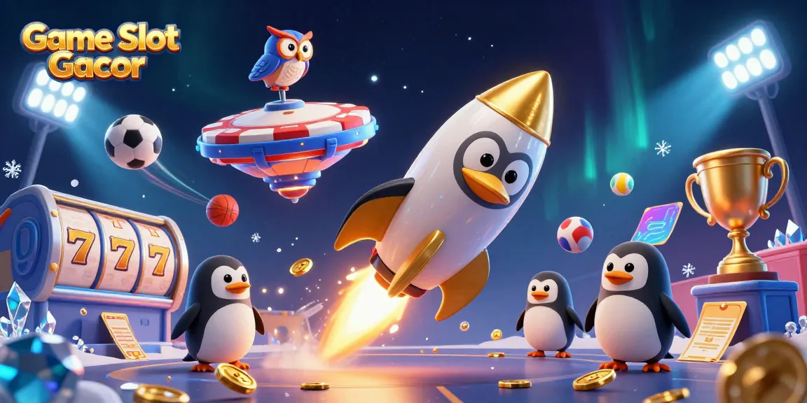 Gambarkan keberuntungan Game Slot Gacor dengan penguin emas dan kasino luar angkasa.