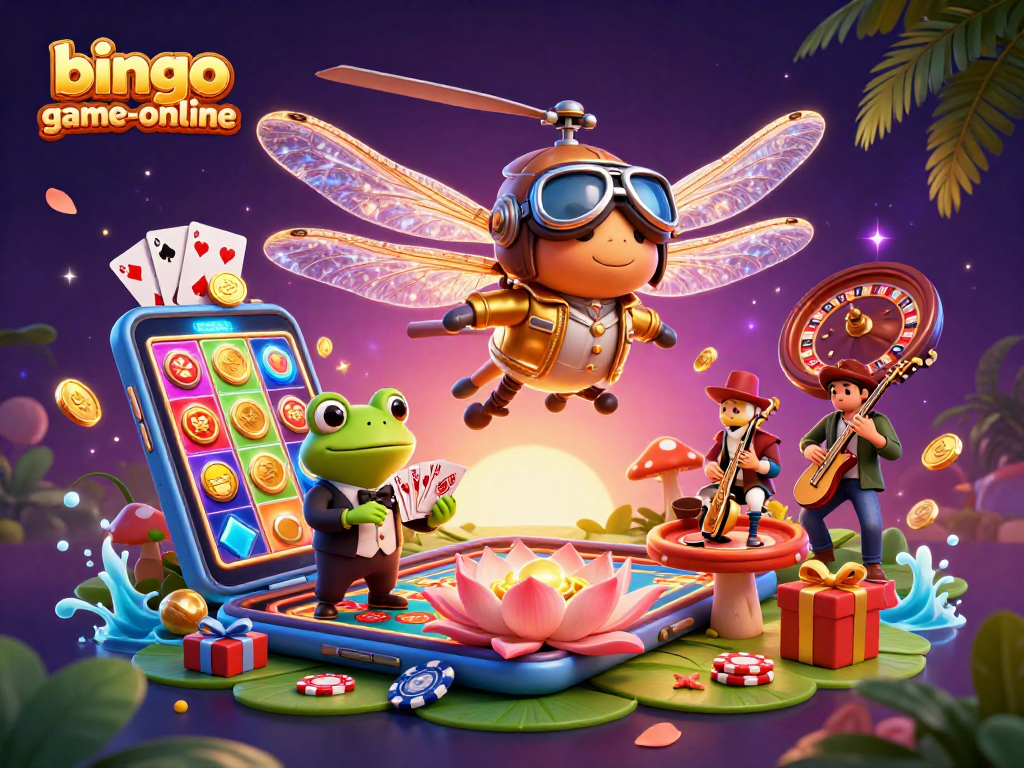 Bingo-game-online showcases a vibrant 3D illustration of a dragonfly pilot and frog dealer in a lively casino scene, capturing the thrill of gaming.