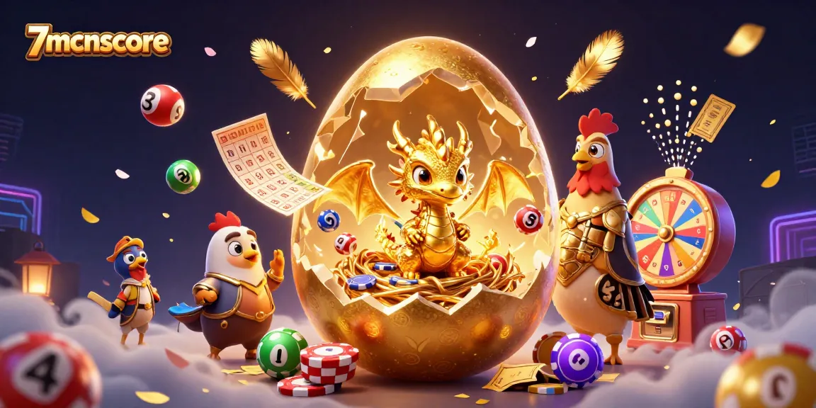 Engage in thrilling gaming with 7mcnscore amidst a vivid golden lottery scene, featuring vibrant dragons and festive elements.