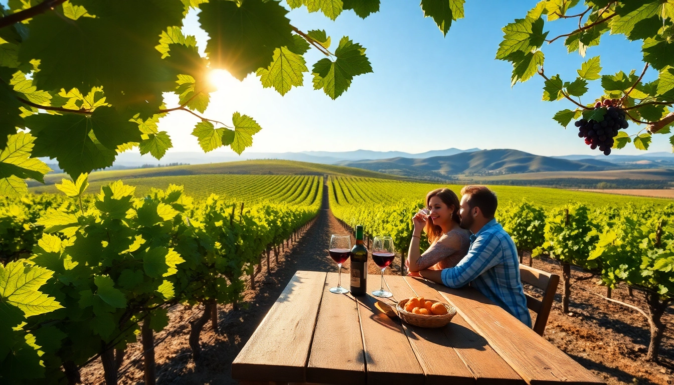 Experience day trip wineries from sacramento with lush vineyards and a couple enjoying wine tasting.