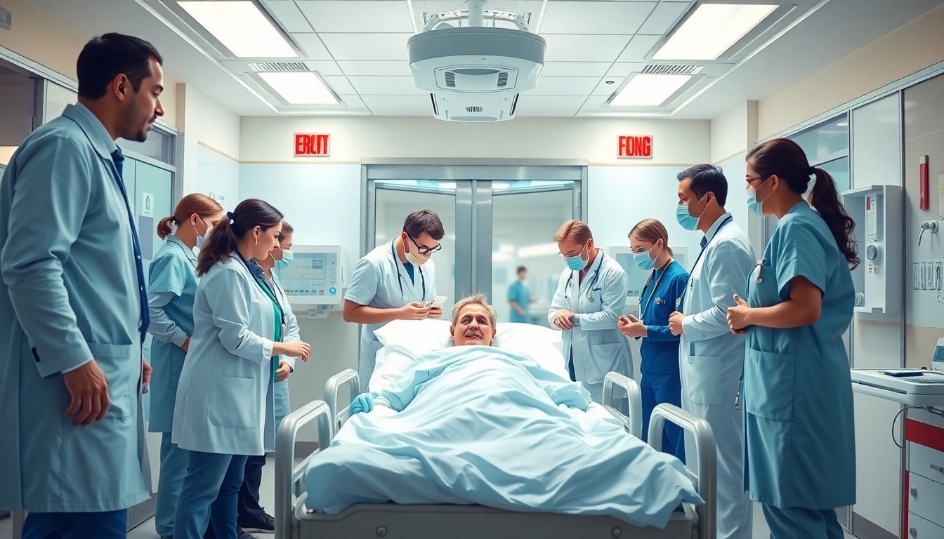 Healthcare professionals actively providing Emergency Hospital Services in a busy emergency room setting.