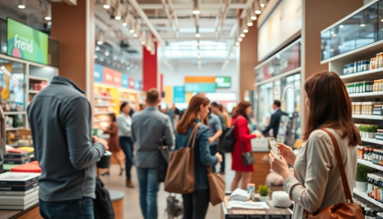 Illustration of retail footfall analytics showing customer flow and engagement in a store environment.