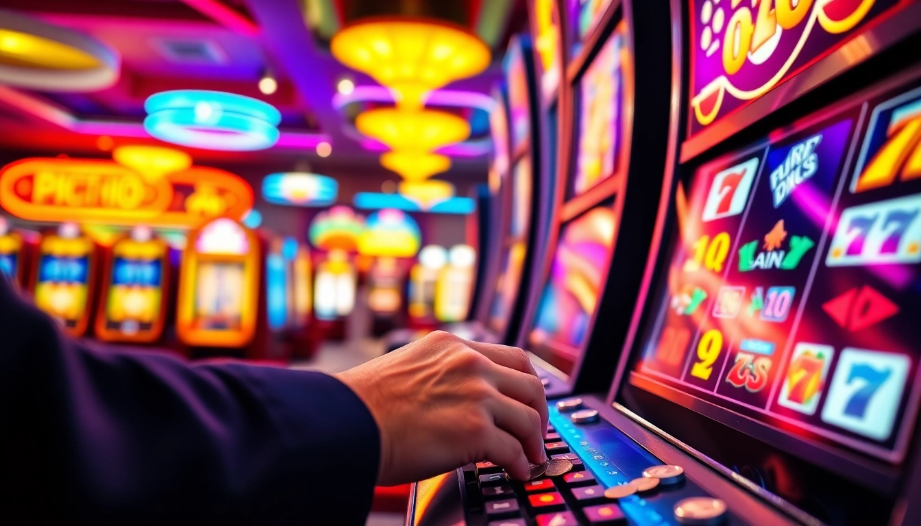 Engaging scene of slot gambling with a player enthusiastically pulling the lever on a slot machine.