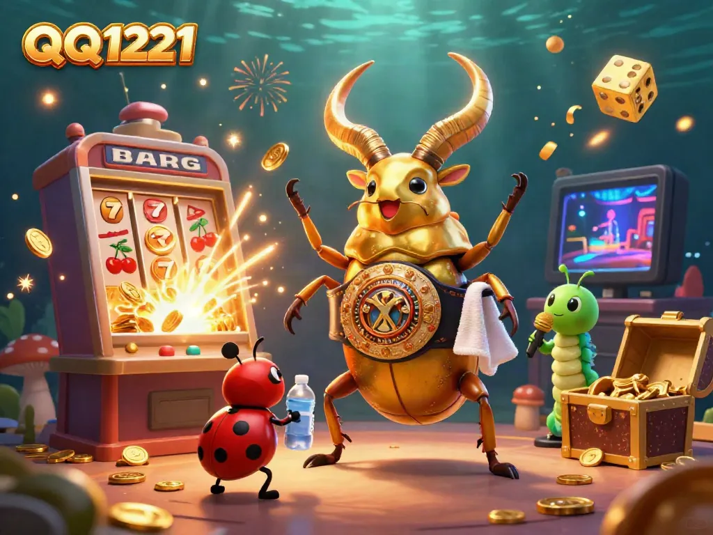 Engage with QQ1221's vibrant casino world, featuring a heroic stag beetle among slots and jackpots.