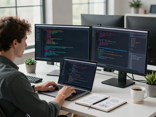 Developer coding with dual monitors in a modern tech workspace, highlighting the brave approach to innovation.