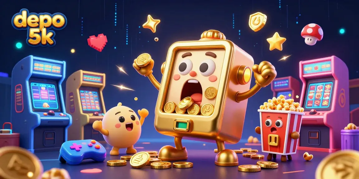 Permainan deposit 5k dengan mesin slot mengagumkan dan koin emas berjatuhan.