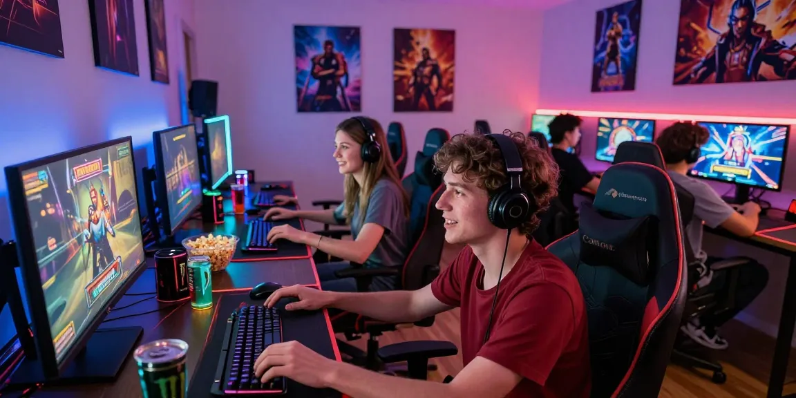 Experience เกมสล็อต gaming excitement with friends in a vibrant, immersive setup.