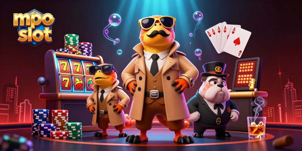 Experience the thrill of mpo slot with cartoon raptors in a trench coat entering a casino lounge filled with slot reels.