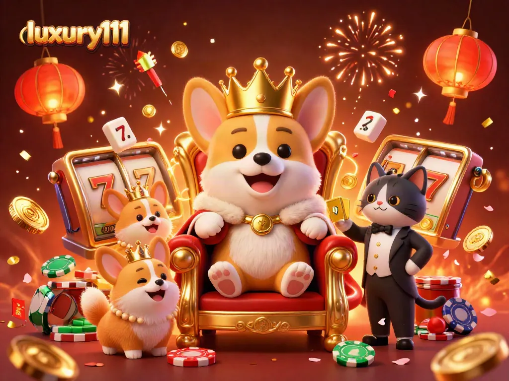 Experience luxury111 slots with a royal corgi on its poker chip throne amidst festive casino elements.