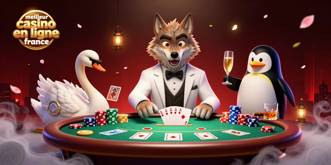 Meilleur casino en ligne France : un loup élégant joue au baccarat entouré de nombreux éléments de jeu.