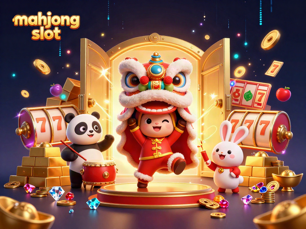Spin the mahjong slot reels with festive characters under a burst of gold!