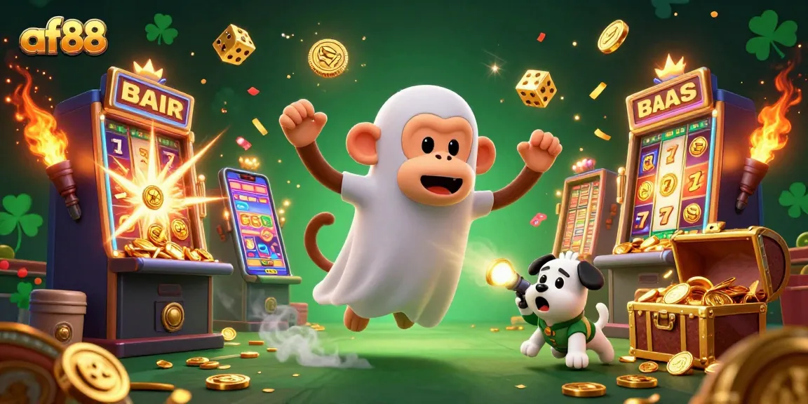 Experience the excitement of af88 with a playful ghost-hunter puppy and a mischievous monkey juggling gold in a vibrant casino scene.
