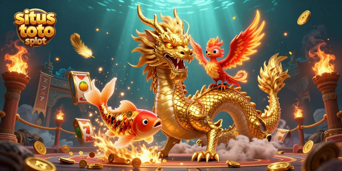Experience the thrill of situs toto slot with a dynamic scene featuring a golden dragon, phoenix, and koi fish.