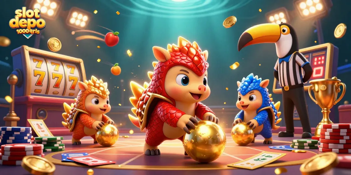 Slot depo 1000 QRIS dengan pangolin berarmor dan elemen permainan kasino yang mengasyikkan