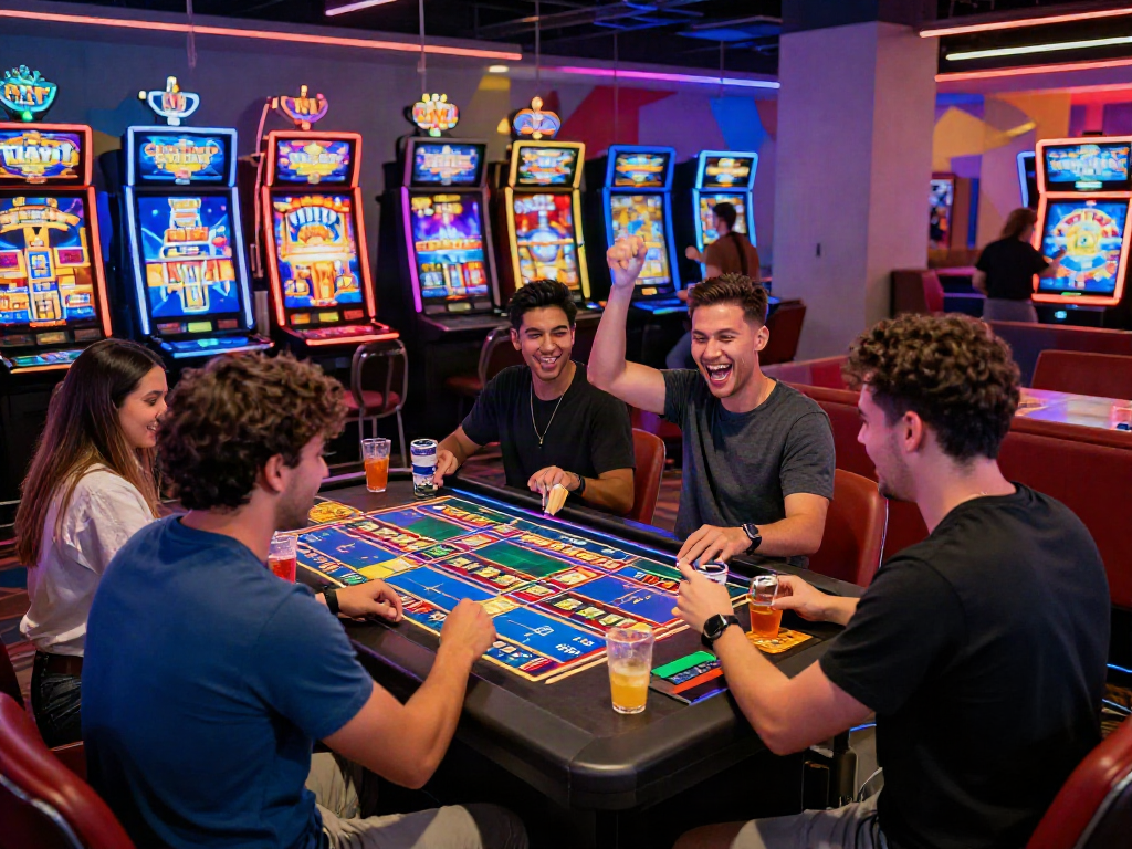 Engaged players enjoying agen slot games in a lively casino atmosphere