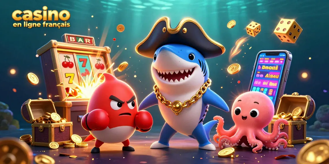 Découvrez un monde de chance avec le casino en ligne français, où un requin pirate souriant et ses amis célèbrent les gains !