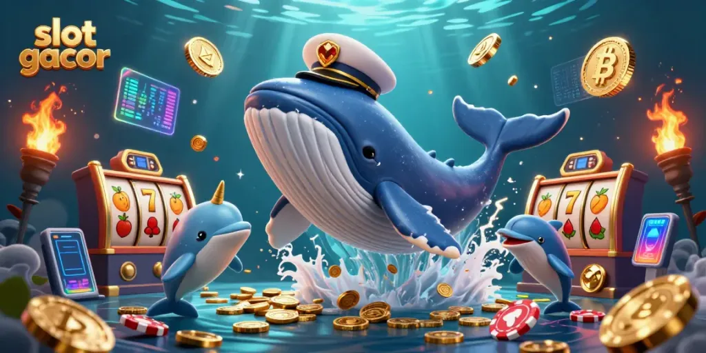 Menangkan slot gacor dengan ikan paus kartun besar dan simbol kasino yang meriah.
