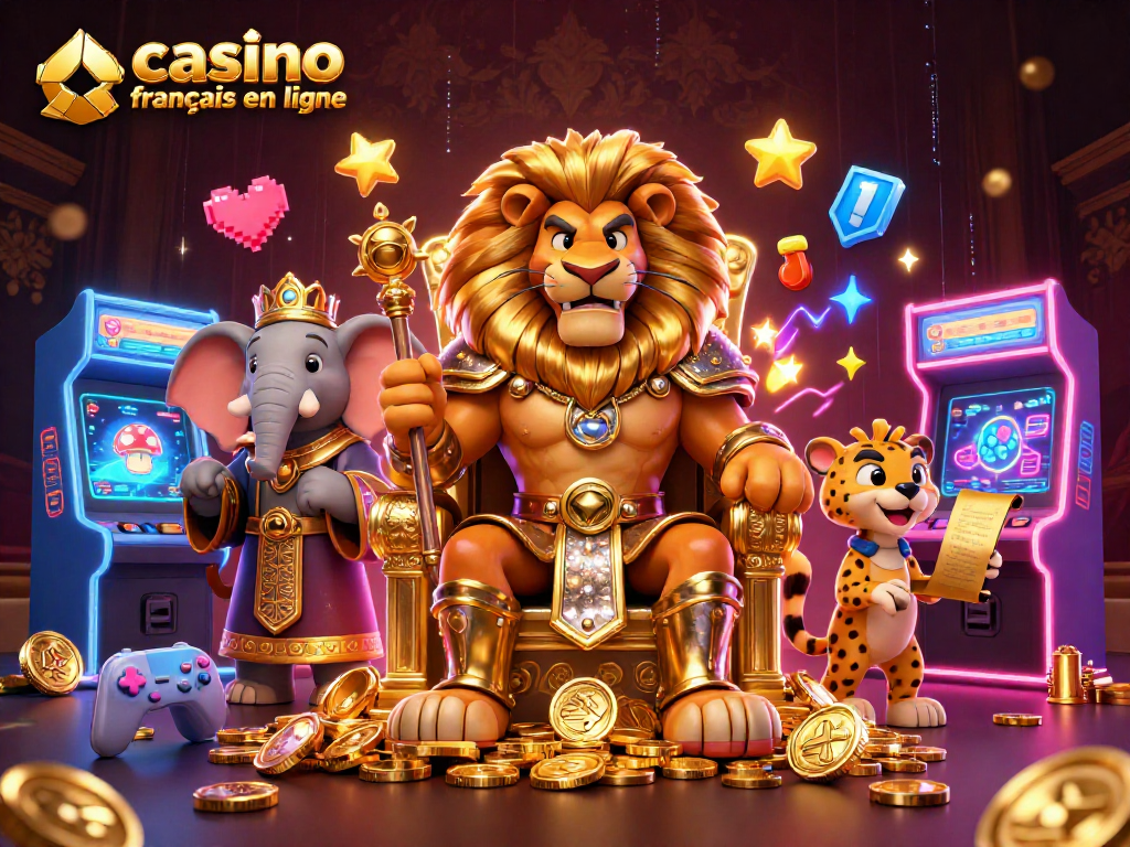 Illustration vibrante d'un casino français en ligne, combinant des éléments de jeux et de casino avec des personnages colorés.