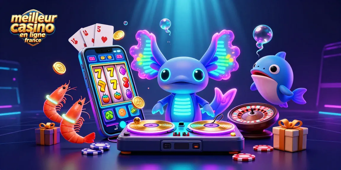 Axolotl DJ vibrant animant un spectacle sous-marin au meilleur casino en ligne France.