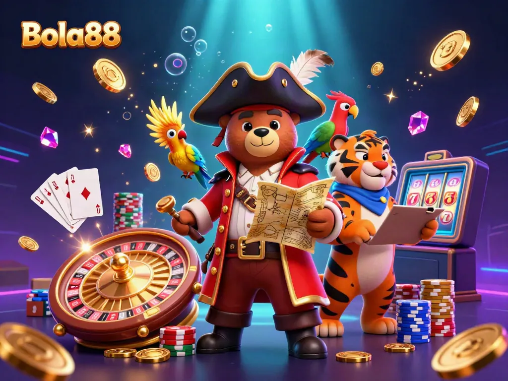 Bola88 challenges players with a dynamic casino scene featuring a pirate bear, tiger, and gold treasures.