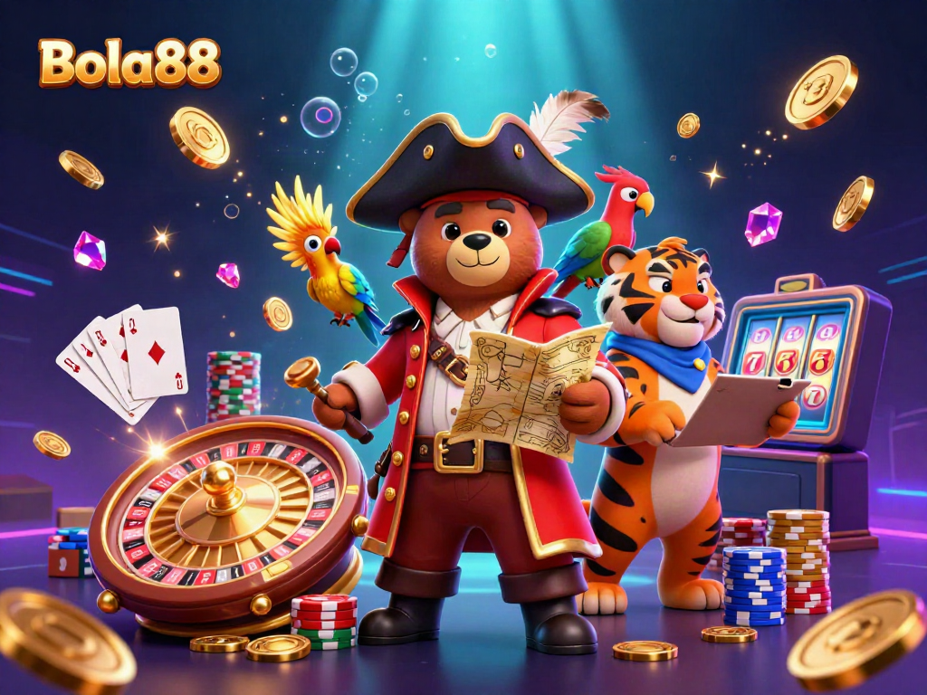 Bola88 challenges players with a dynamic casino scene featuring a pirate bear, tiger, and gold treasures.