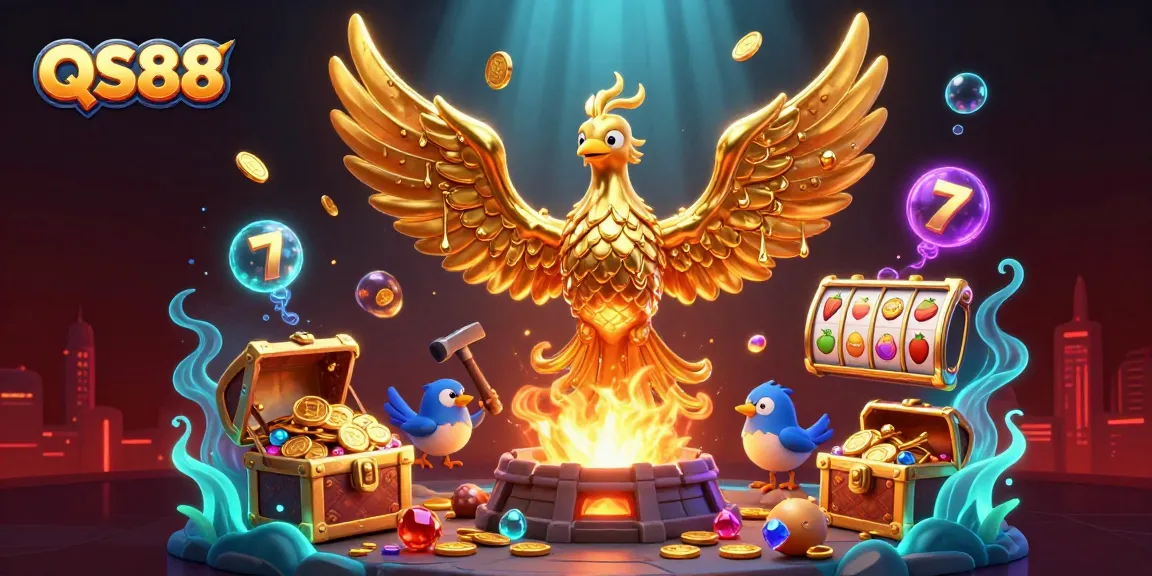 Experience the excitement of QS88 with a vibrant, ultra-detailed cash explosion in this 3D casino scene.