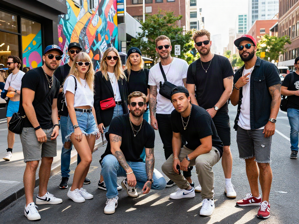 Look alikes of famous people posing in trendy outfits, showcasing urban style and celebrity mimicry.