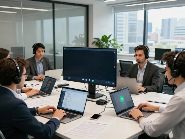 Deepfake-protected meetings technology presentation in a modern conference room with professionals.