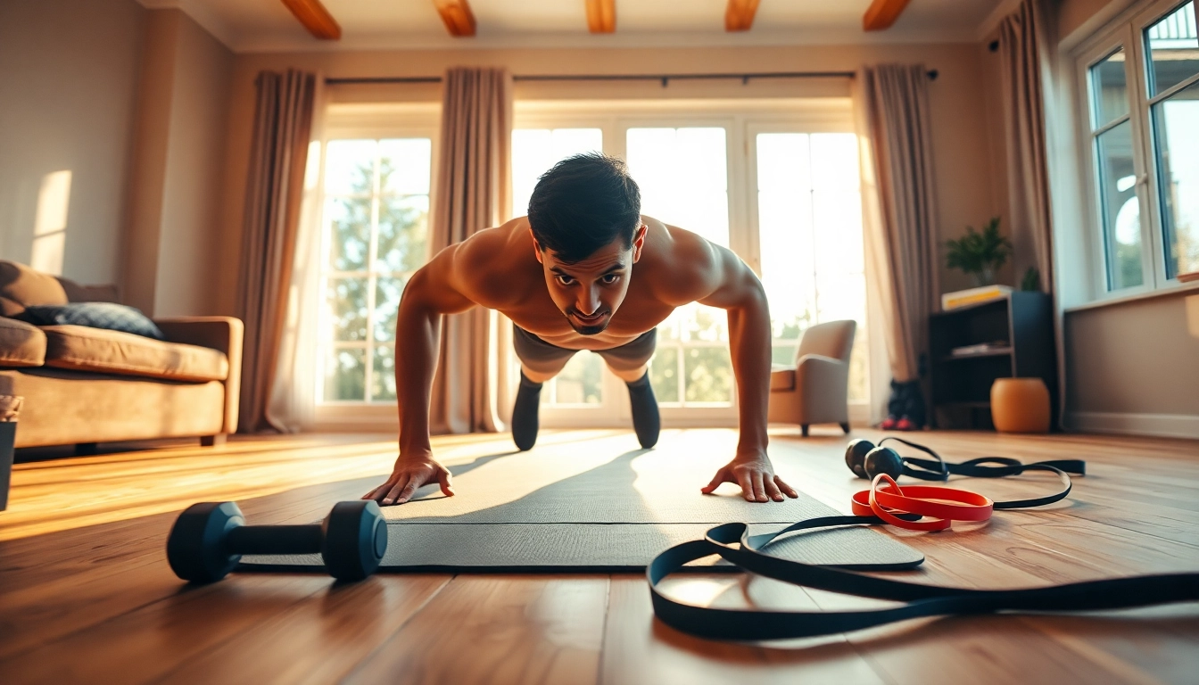 Engaged in a home workout plan, a person demonstrates strength in a lively living room setting.
