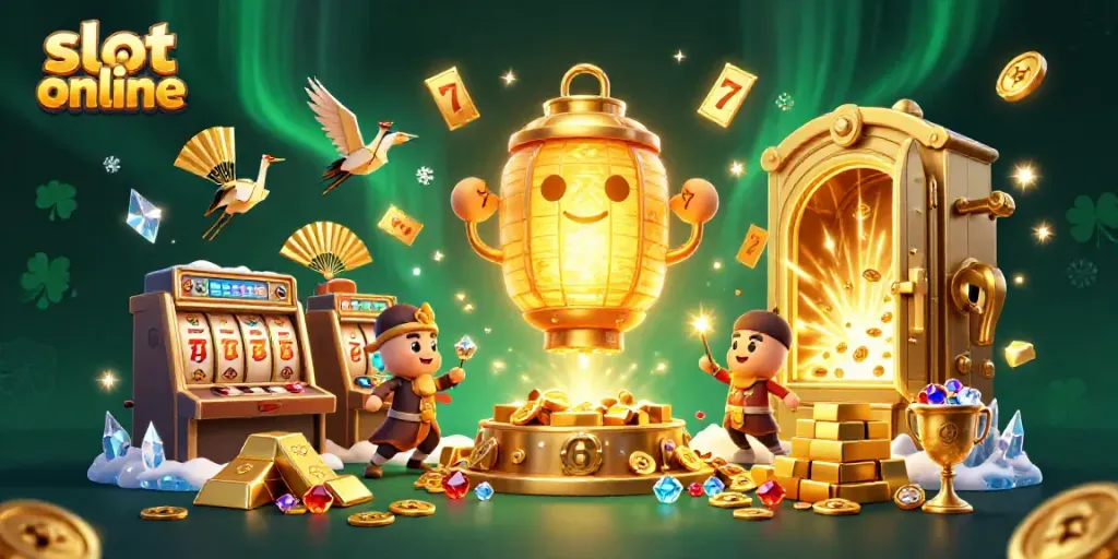 Spin and win at slot online with a stunning display of slot machines and glowing treasures.