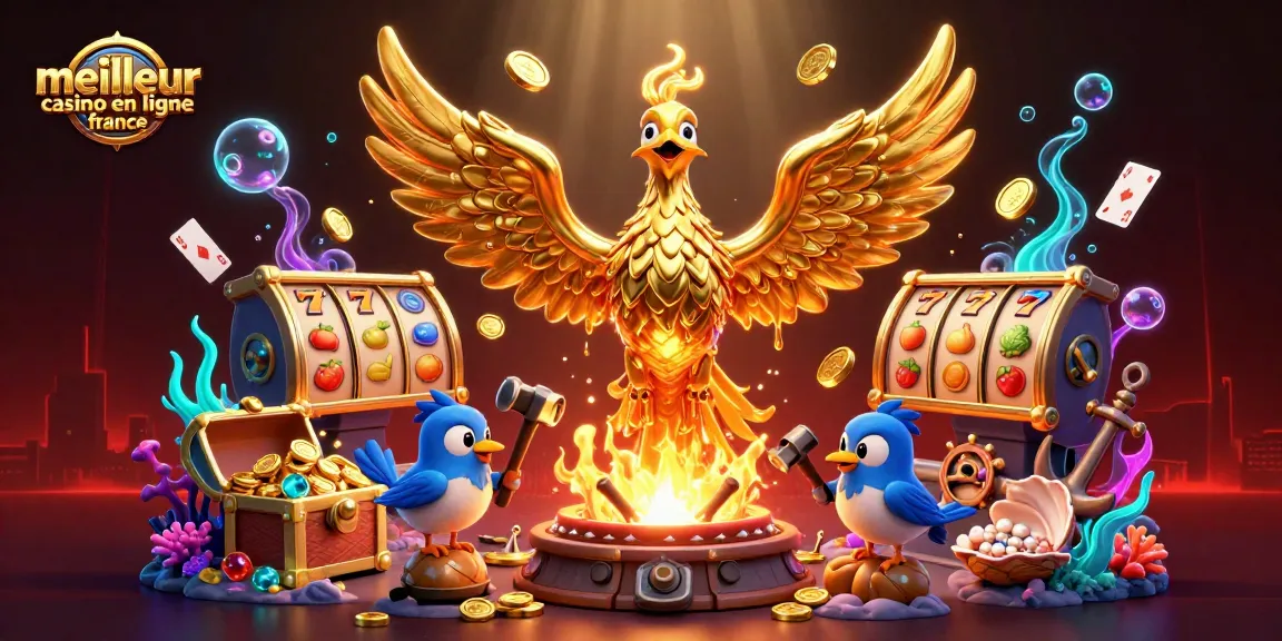 Illustration captivante du meilleur casino en ligne France, mettant en scène un phœnix doré et des machines à sous.