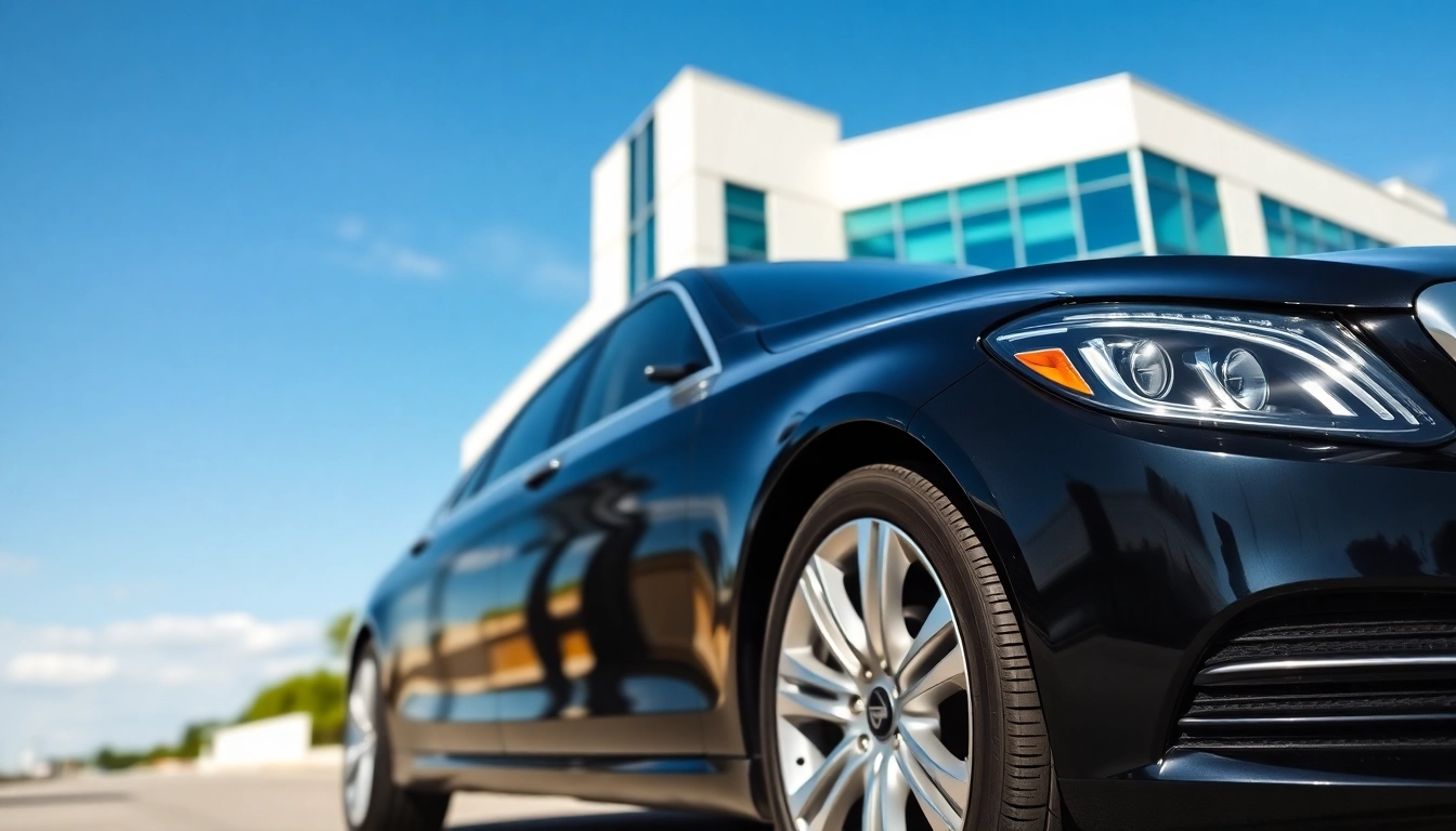 Arrive in style with corporate transportation Rhode Island in a sleek sedan outside a modern office.