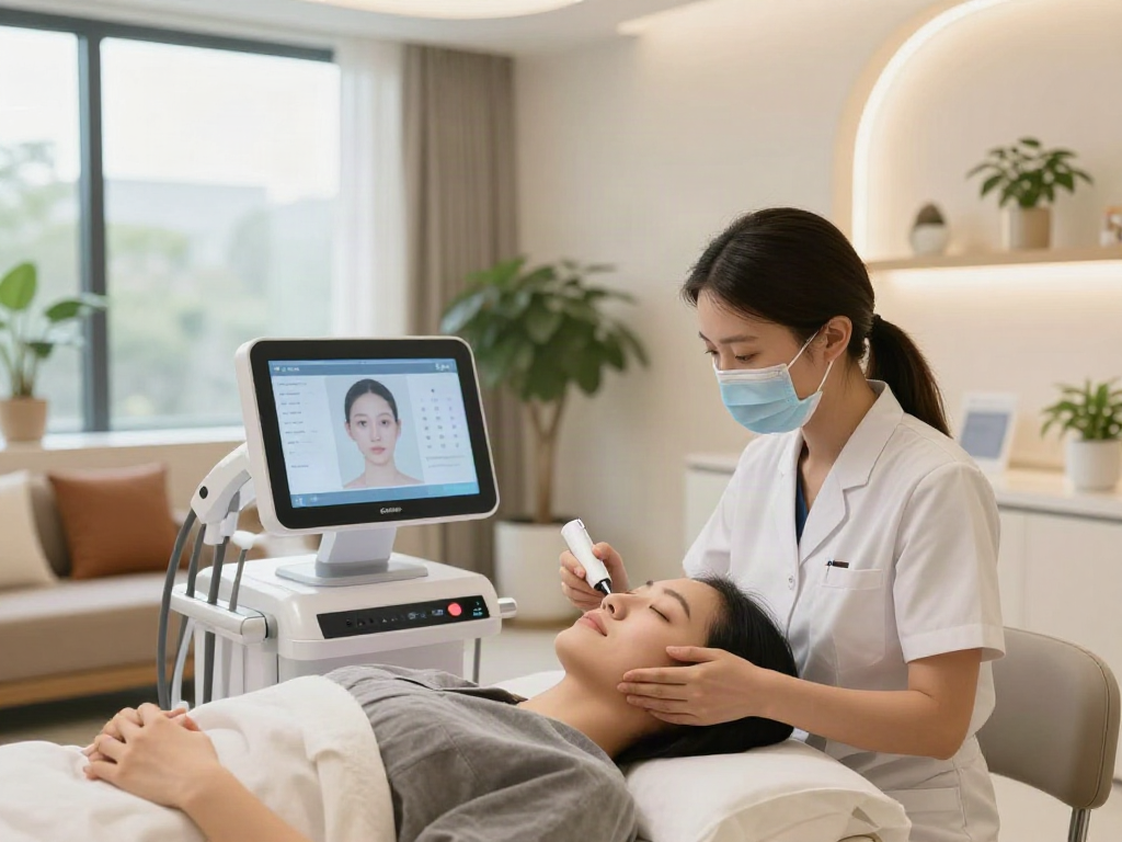 ClinicEvo vs QOVES facial analysis session in a modern clinic environment