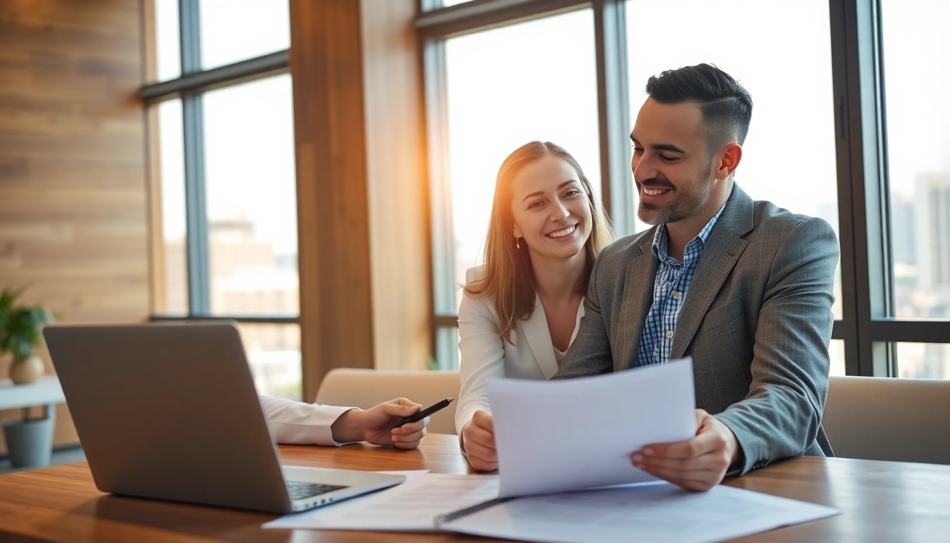 Couple reviewing Family Law Financial Agreements in a modern legal office environment.