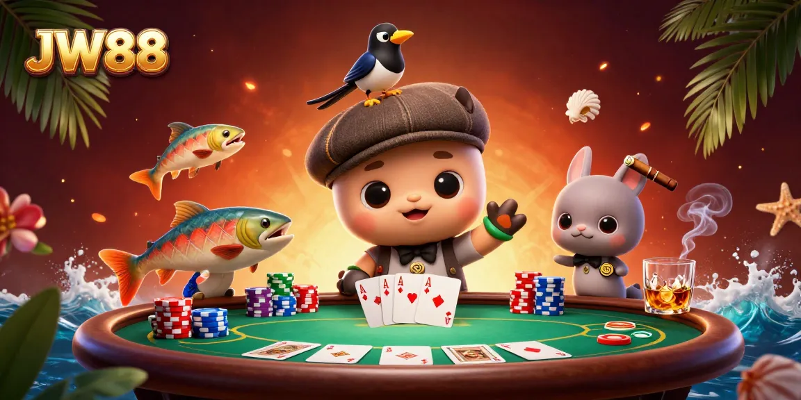 JW88 players enjoying poker with baby Nessie and friends in a vibrant 3D scene.