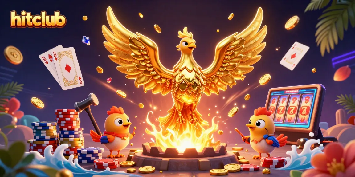 Hitclub showcases a stunning 3D illustration of a molten phoenix amidst vibrant casino elements.