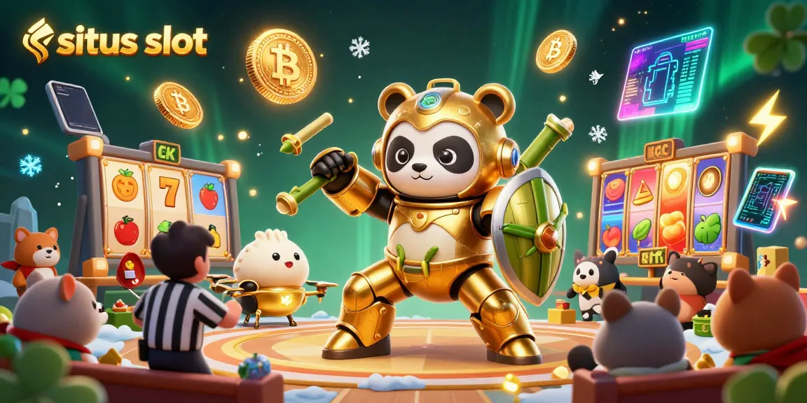 Menghadirkan suasana seru situs slot dengan panda emas bertarung di arena, dikelilingi simbol keberuntungan.