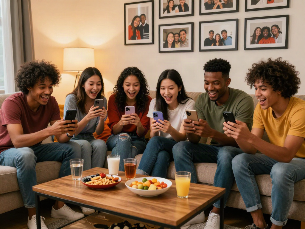 Friends using an app to see how old do I look while laughing and sharing moments in a cozy living room.