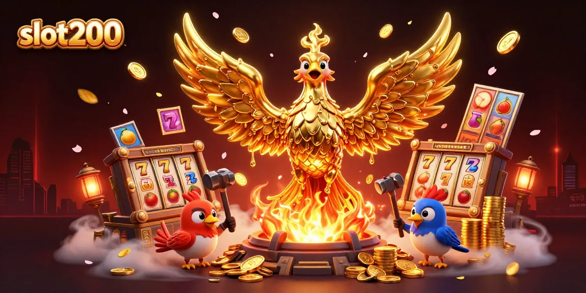 Experience slot200's excitement with a molten phoenix and rich casino elements in this vibrant 3D illustration.