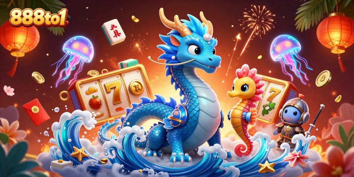 Experience the excitement of 888to1 with a vibrant illustration featuring a water dragon, treasure reels, and festive symbols.