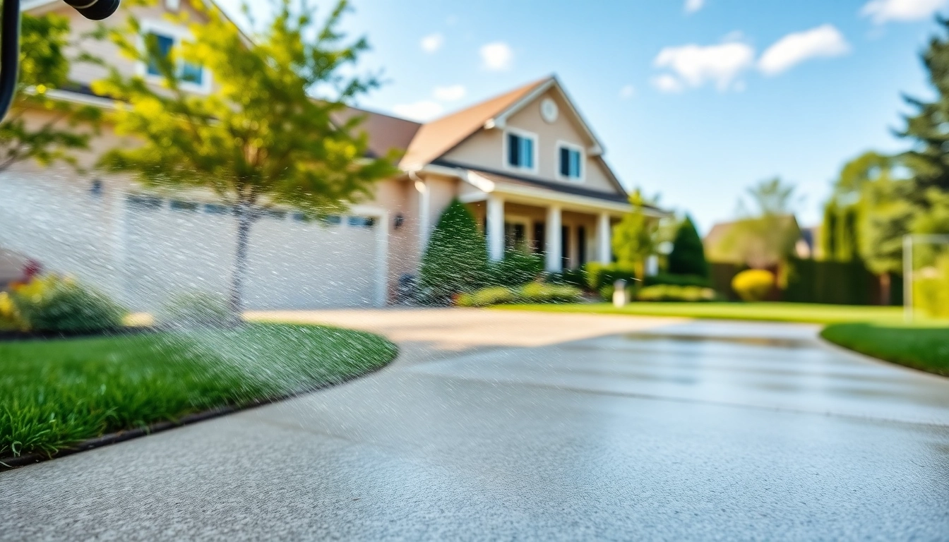 Driveway cleaning in progress, featuring clear water spraying and a pristine driveway texture.