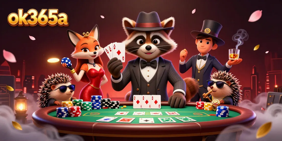 Engage with thrilling poker action at ok365a, featuring a suave raccoon and friends at a vibrant casino scene.