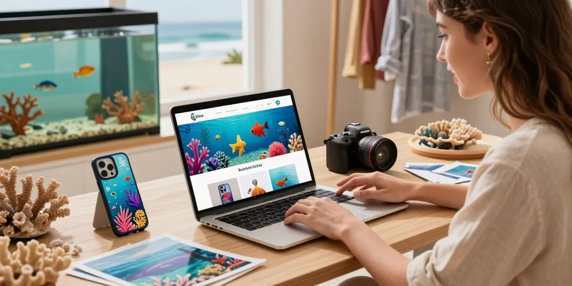 Engaging aquatic-themed e-commerce scene with kelincilaut products for vibrant shopping.