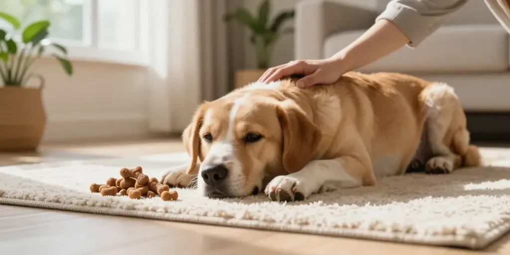 Calming dog treats beside a relaxed dog in a cozy home setting.
