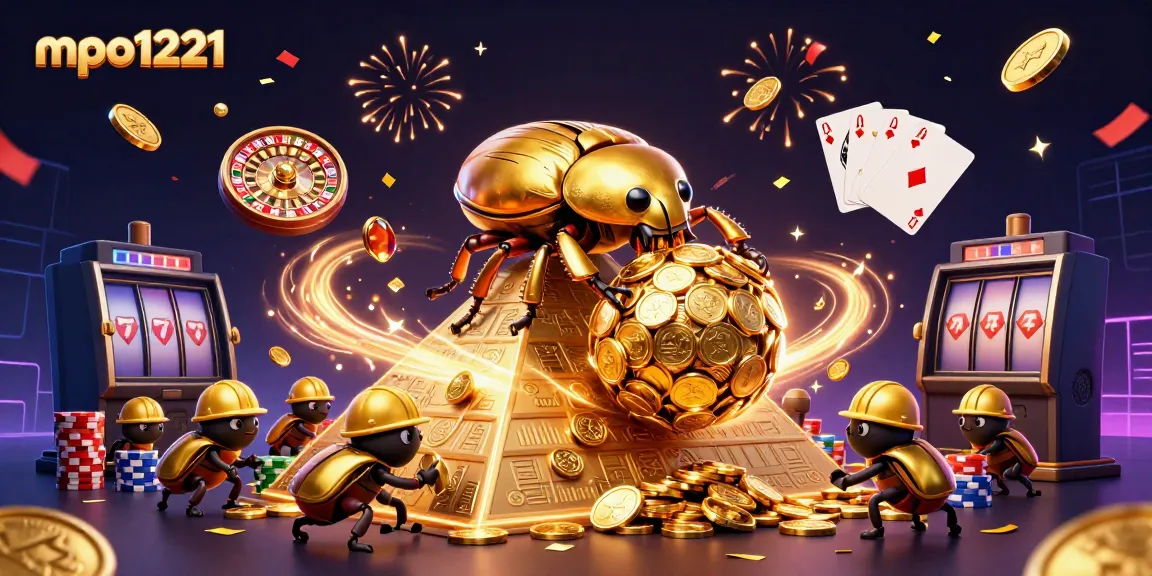 Spin to win with mpo1221 as golden coins and treasures explode around a vibrant casino scene.