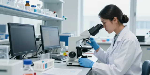 Researcher examining Swiss Chems peptides in a modern lab